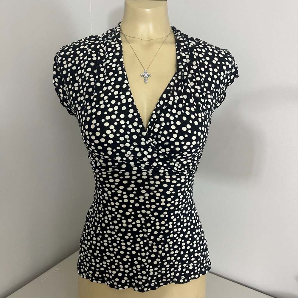 Nine West Black and White Polka Dot Short Sleeve Tie-Back Wrap Top